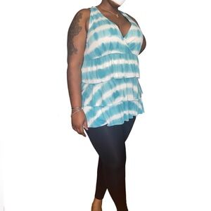 CAREN SPORT TIE-DYE TIERED RUFFLED TOP - TEAL SIZE 2XL (NEW WITH TAGS) A19